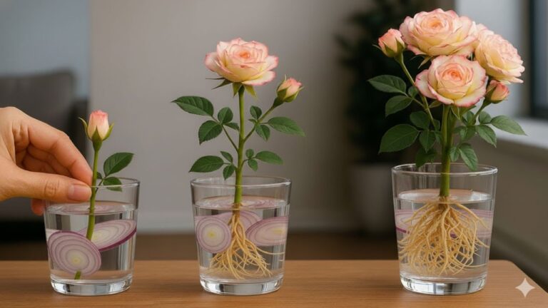101 racines et pousses en utilisant une simple tige de rose dans l&rsquo;eau d&rsquo;oignon !