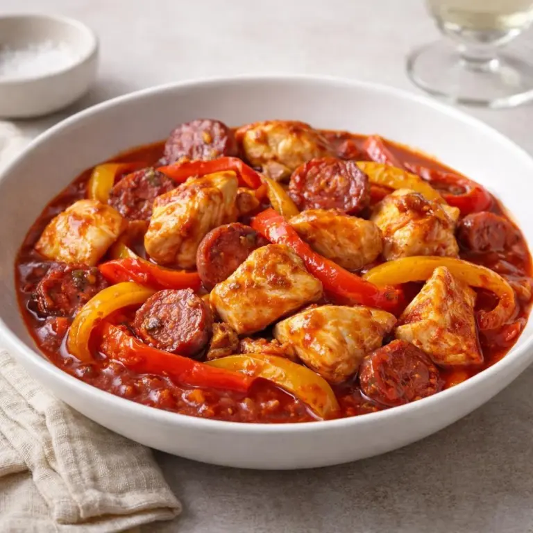 Recette de poulet aux poivrons et chorizo dans une sauce tomate épicée