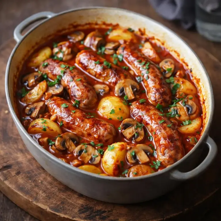 Recette facile : Saucisses de Toulouse, champignons et pommes de terre au four